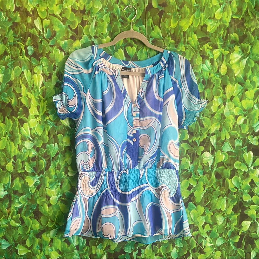 Prima Anna - Gray, Blue, and White Patterned Blouse